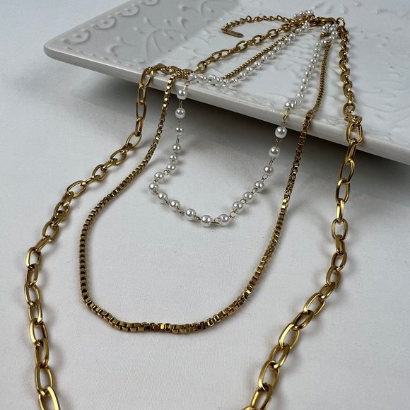 3 Layer Pearl Necklace Three Layer Pearl Necklace Gold Layered Chain Necklace - Picture 11 of 13
